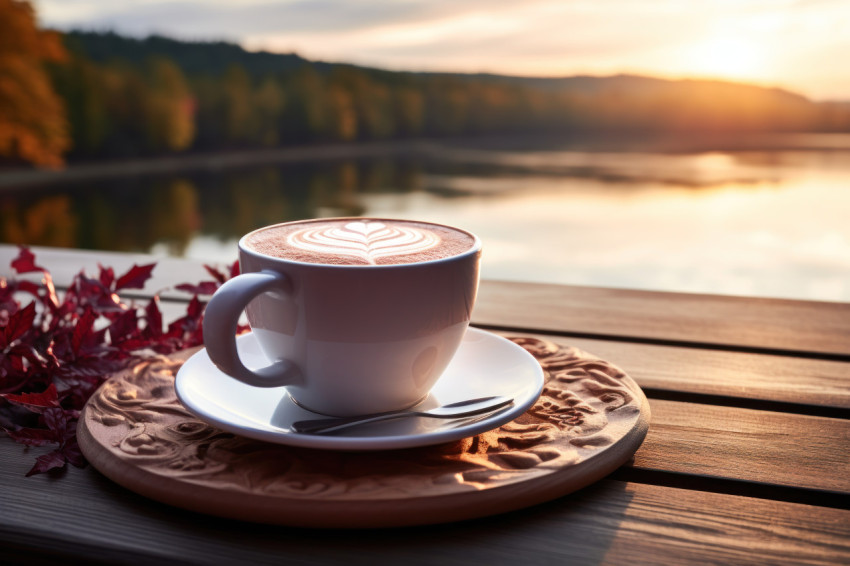 Cup of coffee on a wooden board over a serene lake