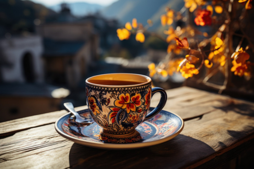 Coffee cup with mountains in the background