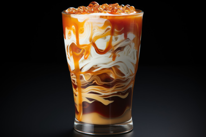 Iced coffee in glass with caramel on black backdrop