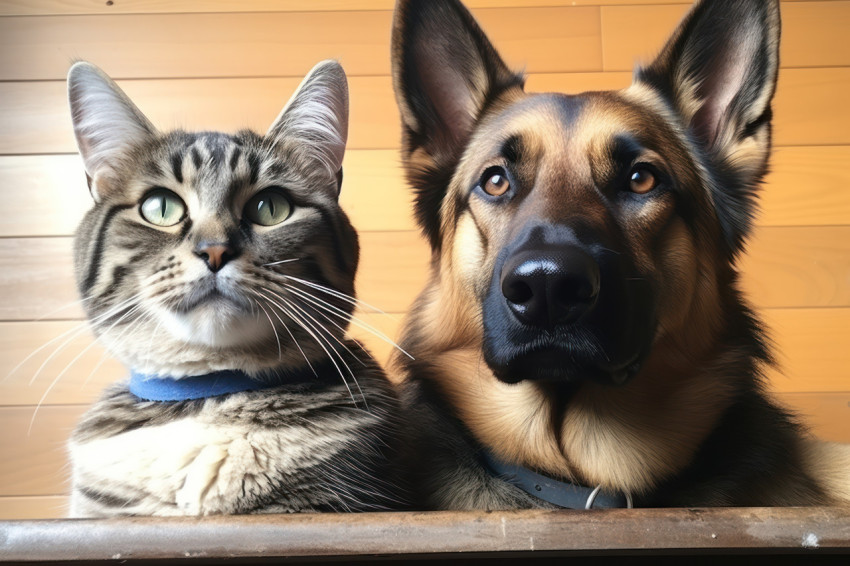 Cute dog and cat sitting side by side epitomizing harmony and friendship in a warm home environment