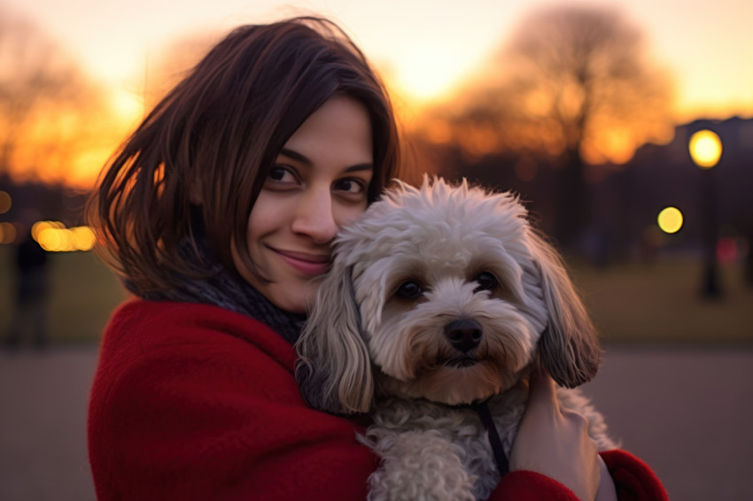 Woman holds her dog outdoors during a beautiful sunset creating a heartwarming moment in nature