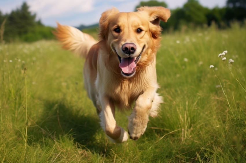 Golden retriever joyfully runs across a green field