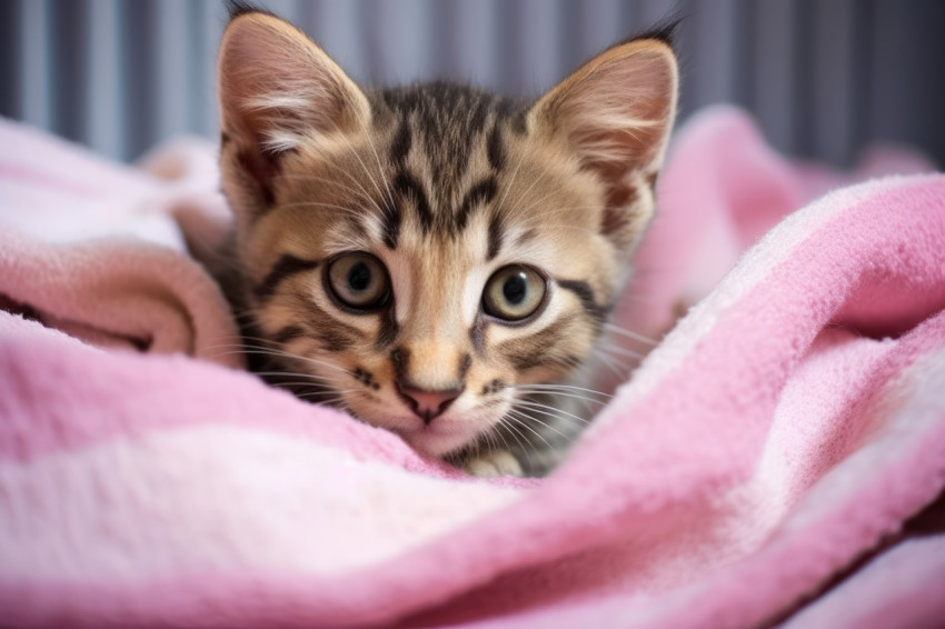 Cute kitten rests atop a cozy blanket