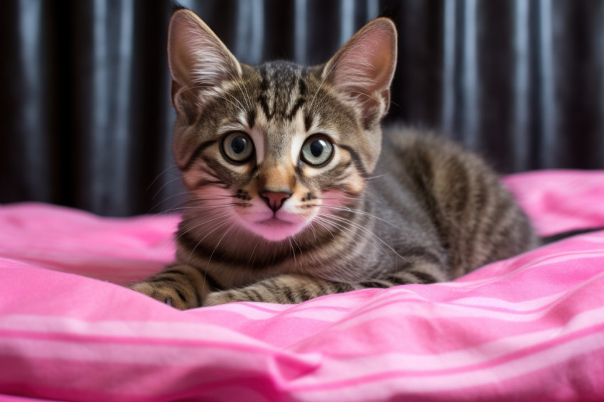 Sweet little kitten curled up on a bed