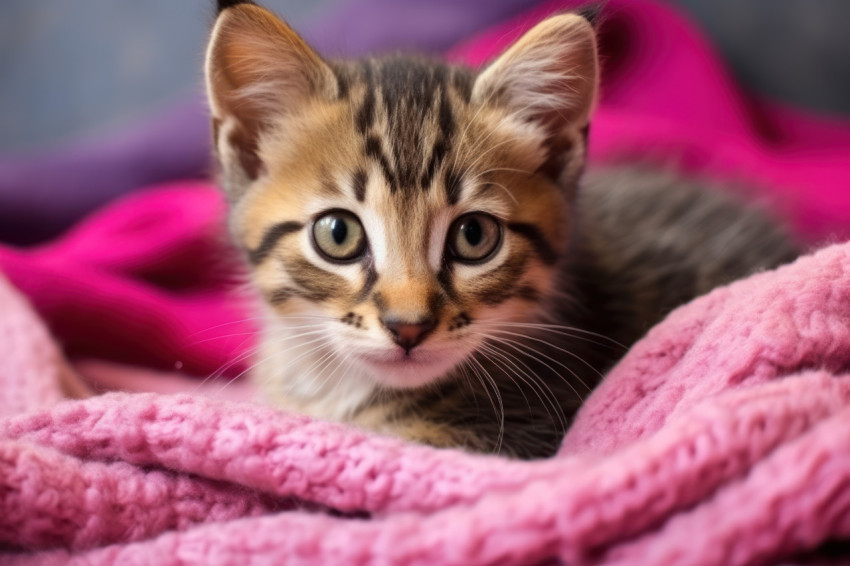 Adorable kitten finds comfort on a soft blanket