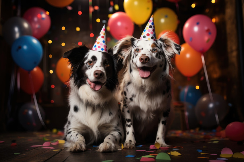 Celebratory moment as two dogs enjoy birthday festivities with confetti and balloons