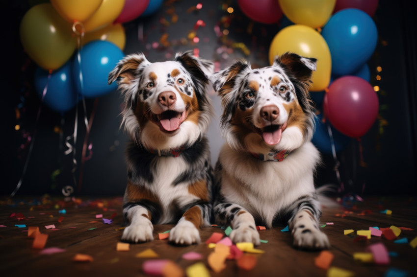 Happy dogs in festive hats enjoy a party atmosphere with colorful balloons