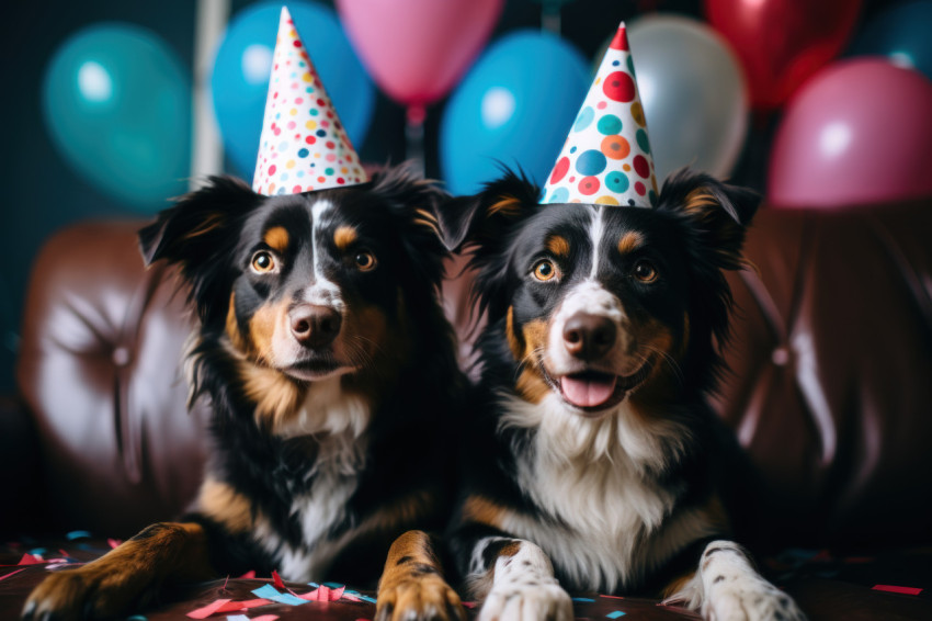 Pair of dogs don party hats bringing cheer and fun to the festive atmosphere with their adorable celebration