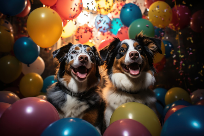 Two joyful dogs celebrate at a party wearing hats and surrounded by balloons.