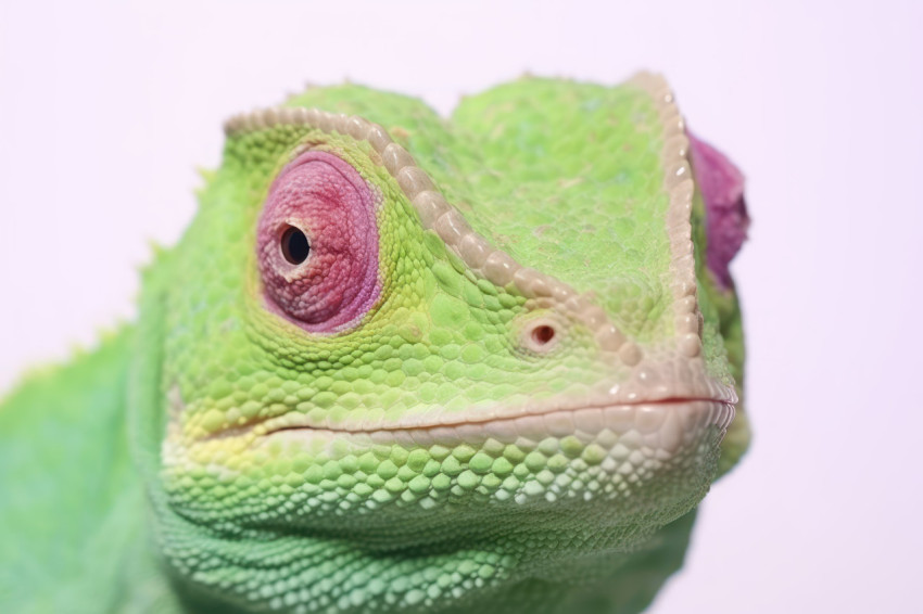 A chameleon with vivid green hues displaying its vibrant colors