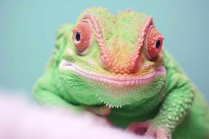 A chameleon displaying vivid green hues blending seamlessly in its natural environment