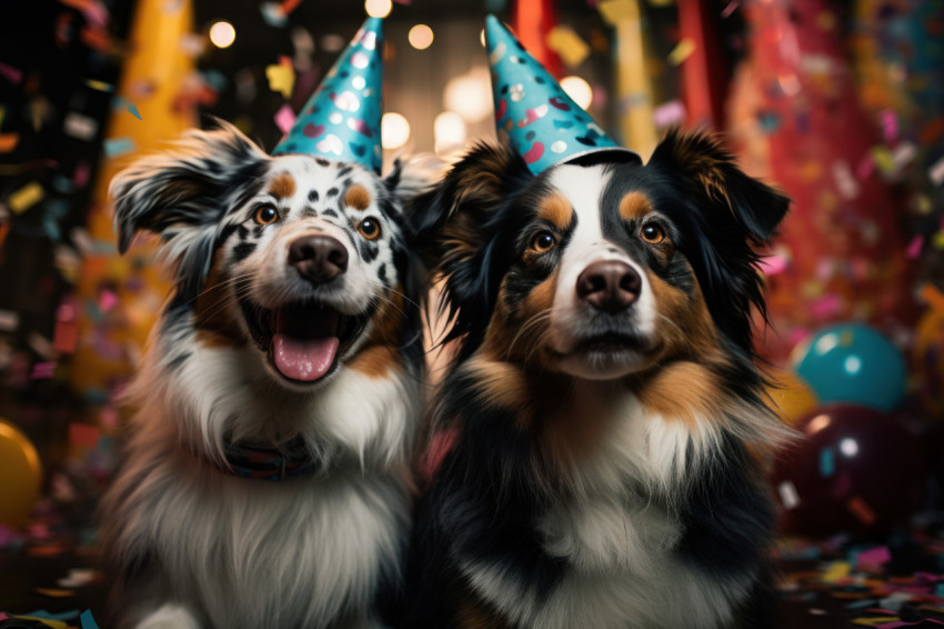 Happy dogs wearing party hats celebrate joyfully at a lively gathering