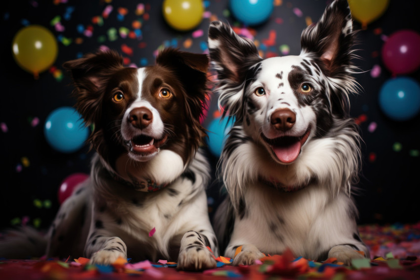 Happy dogs celebrate with balloons and confetti at a lively party