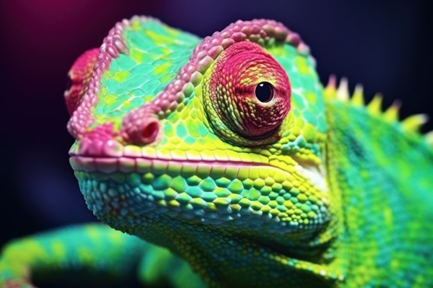 A close up view of a green chameleon revealing its vivid hues and distinctive patterns in its environment