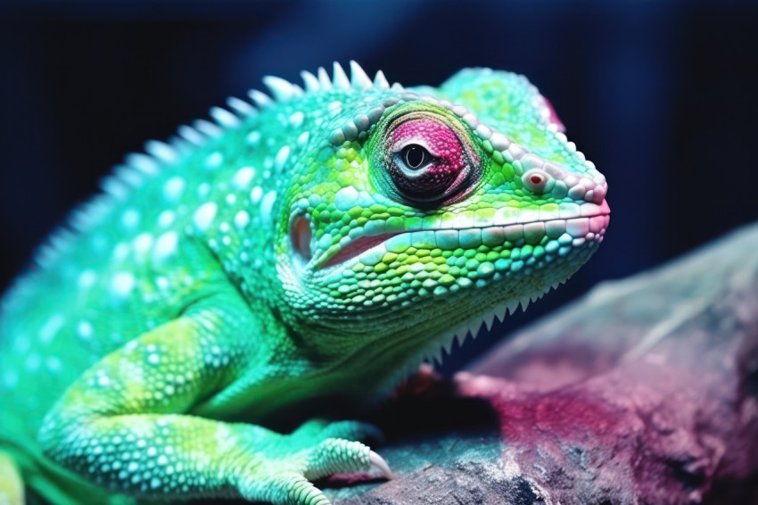 Detailed view of a green chameleon highlighting its vivid coloration and distinctive texture in its natural environment