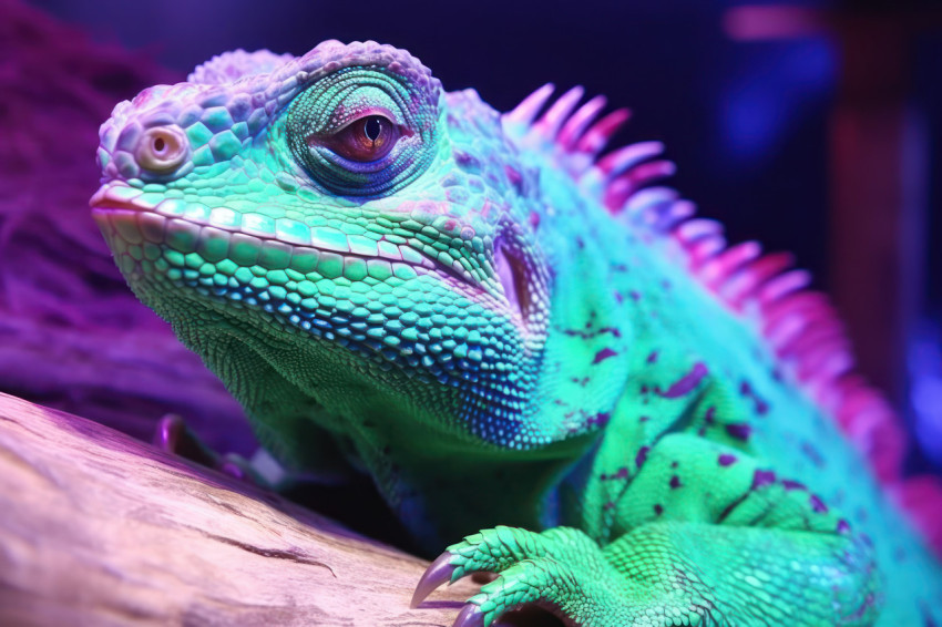 Detailed close up of a green chameleon camouflaging among vibrant wood