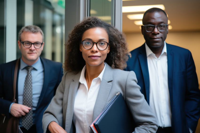 Woman in glasses holds file near office and other peoples