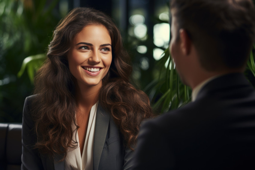 A cheerful businesswoman interview with a businessman at the office