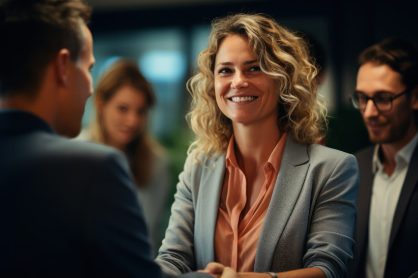 Happy middle aged businesswoman manager shaking hands during an office meeting