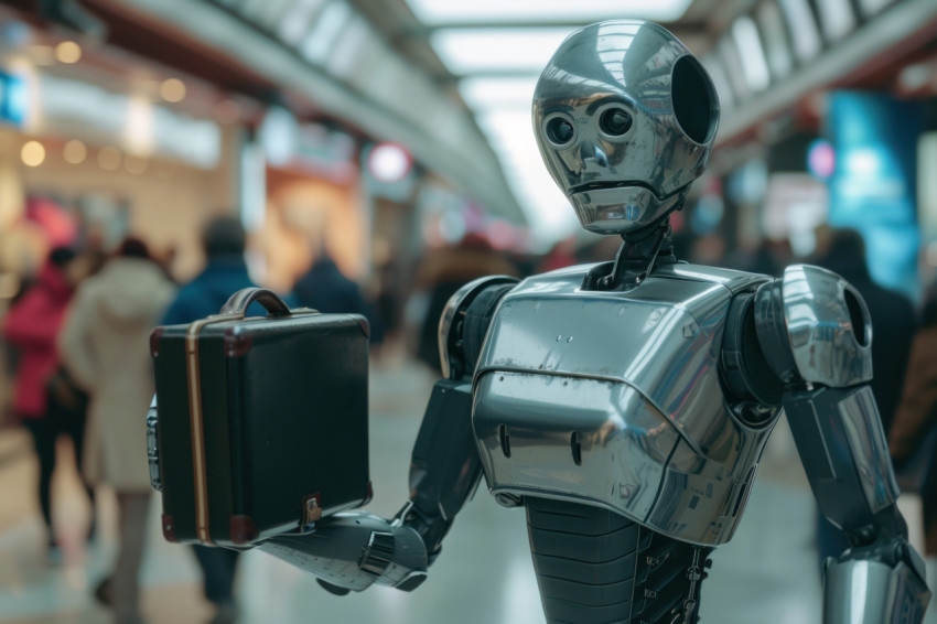 Robot holding briefcase surrounded by people in the background