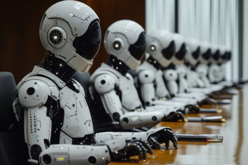 Meeting room filled with robots engaged in discussions