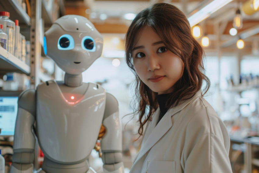 A robot technician and a female scientist in white coats work together