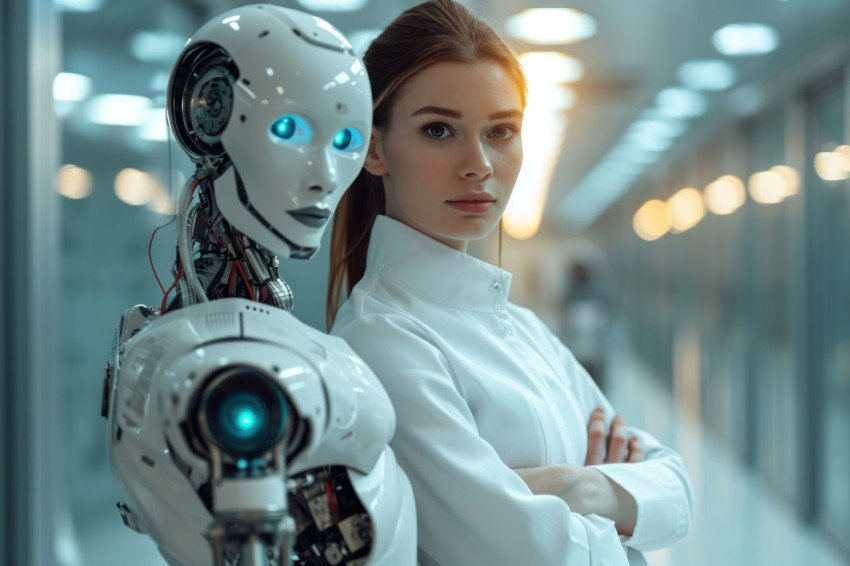 A woman stands confidently with crossed arms as a robot stands behind her