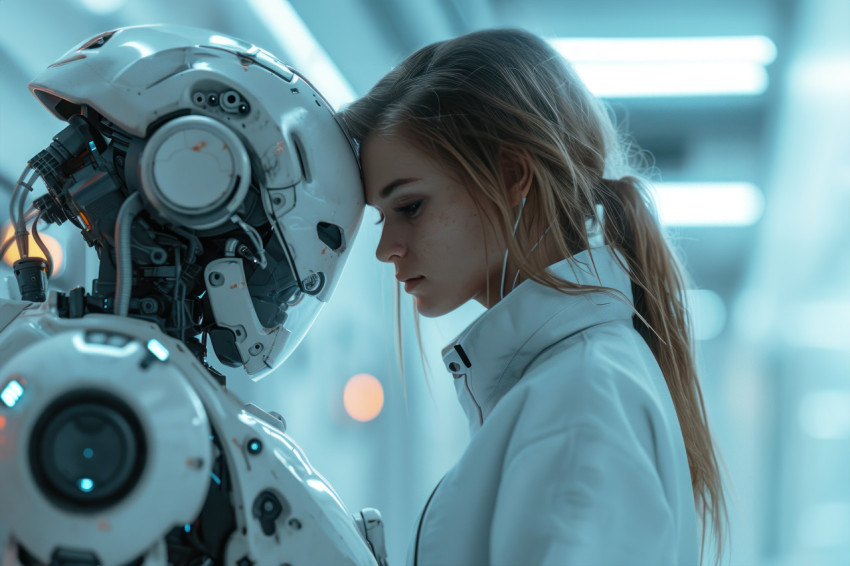 A woman in a lab coat stands beside a robot