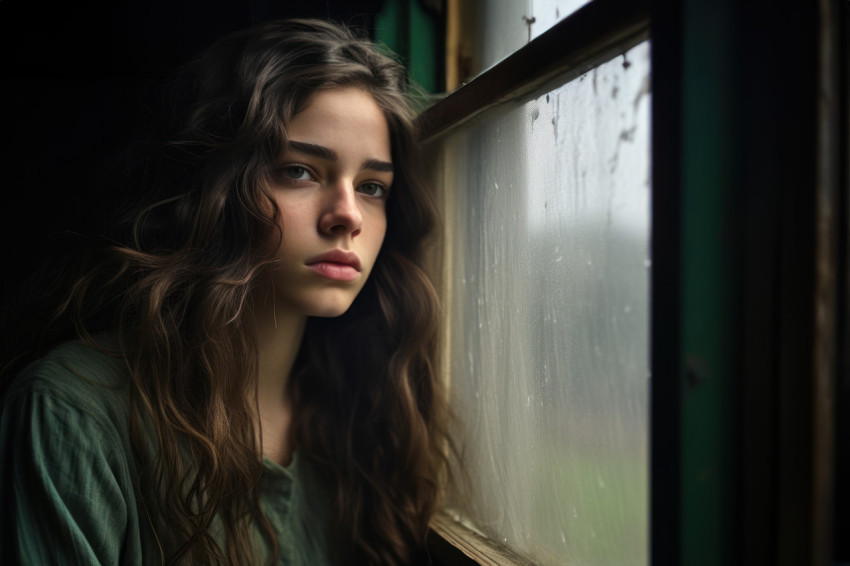 A young women enjoy the view outside a window