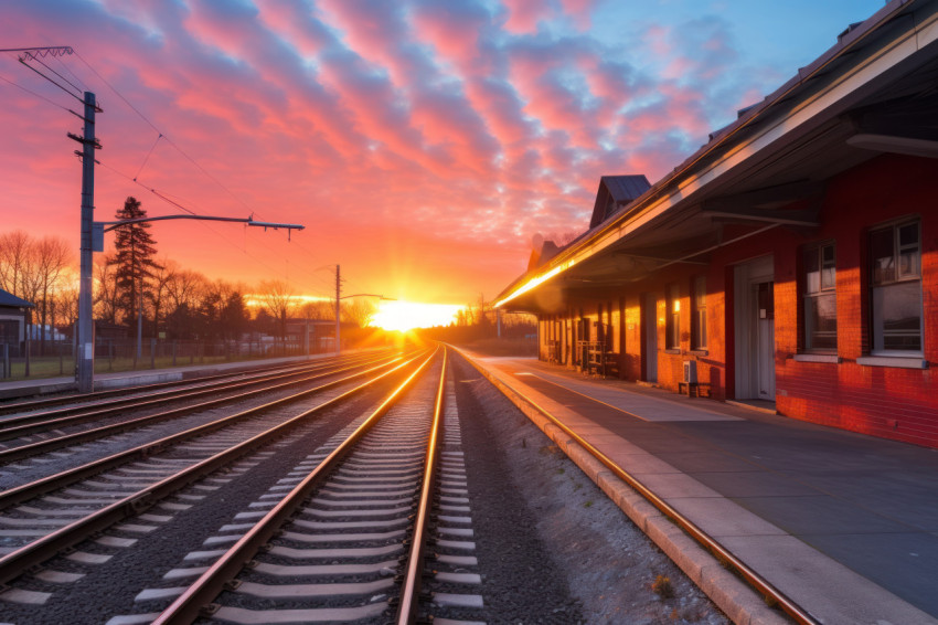 The sun sets over a train station