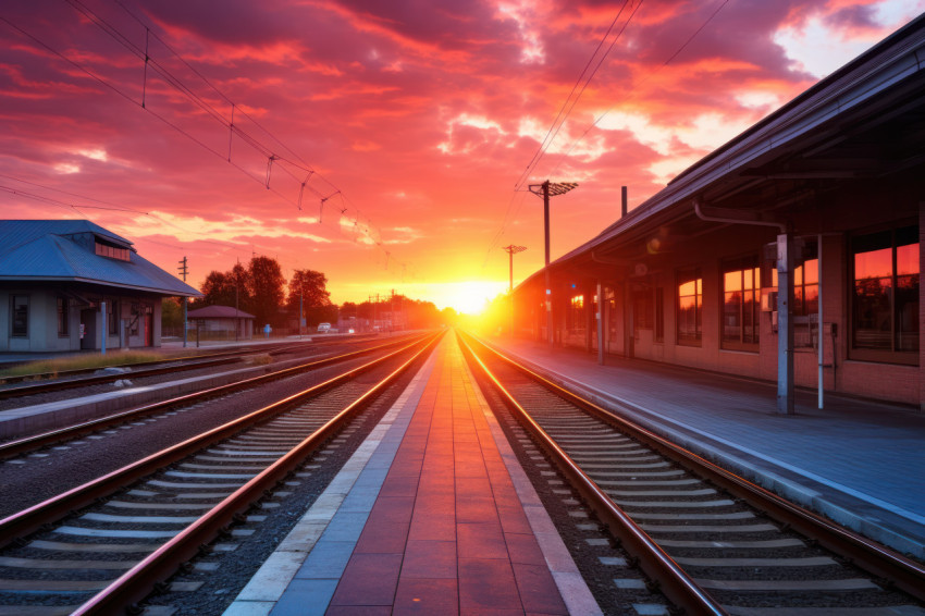 Sun setting above a train station casting warm hues on the platform and tracks