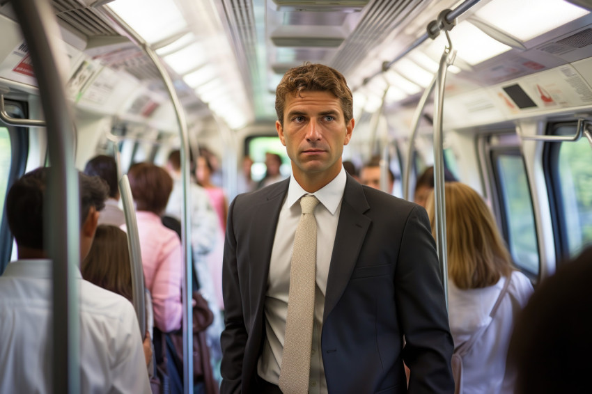 Professional businessman stands on commuter train