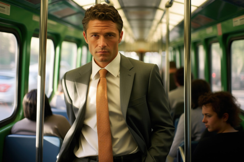 Businessman in suit standing on commuter train traveling to work with determination and focus in a crowded setting