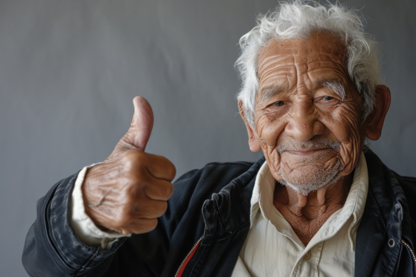 Elderly man gives thumbs up against gray background