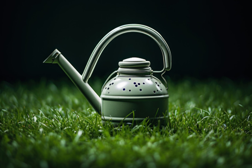Garden watering can on grass ready for plant care Garden watering can on grass ready for plant care