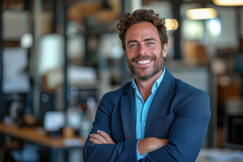 Confident businessman in the office smiling with arms crossed