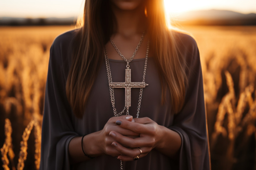 Person holds cross pendant embracing the sunrise with hope and faith