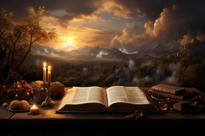 Open holy bible on table at sunrise serene and sacred moment