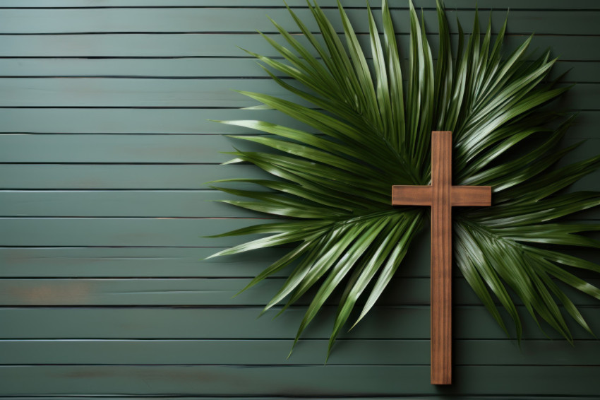 Green palm leaf and cross against a brown wooden background