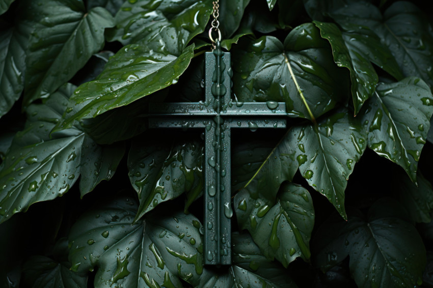 Wooden cross rests on rainy green leaf a symbol of peace and nature