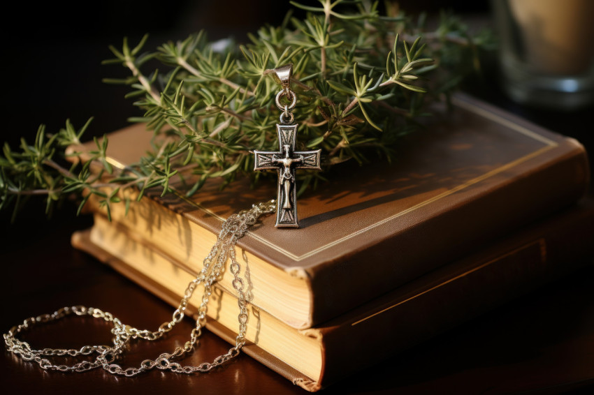 Antique cross surrounded by books and herb creating a serene and spiritual atmosphere