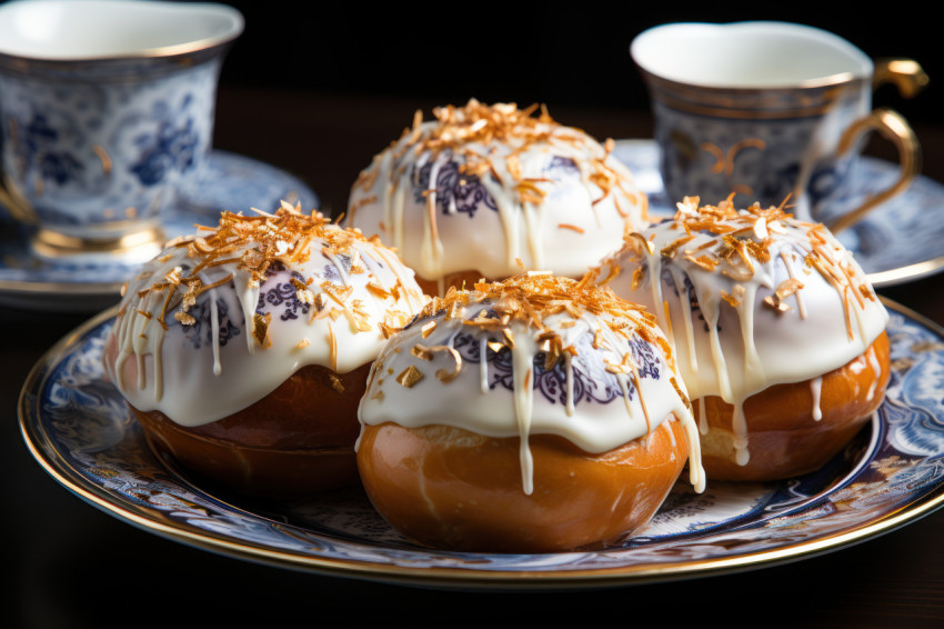 Easter eggs and buns with frosting on a plate