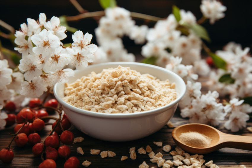 Shredded cereal in white bowl beside blossoming branch creating a delightful breakfast scene