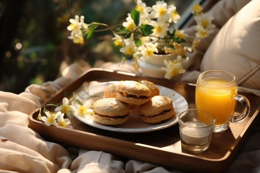 A tray holds tea and a pastry for a delightful snack creating a cozy scene for a relaxing break