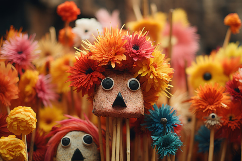 Group of vibrant handmade felt sticks with sticks in a playful arrangement