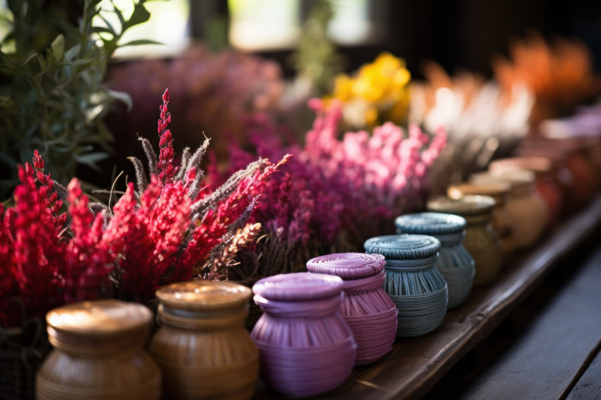 Colorful flowering herbs fill wicker vases beside wooden looms on a table creating a vibrant and aromatic setting