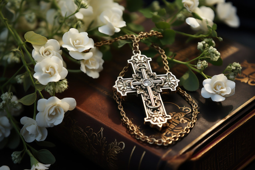 Ancient book and cross beside blooming flowers a serene scene with a vintage touch