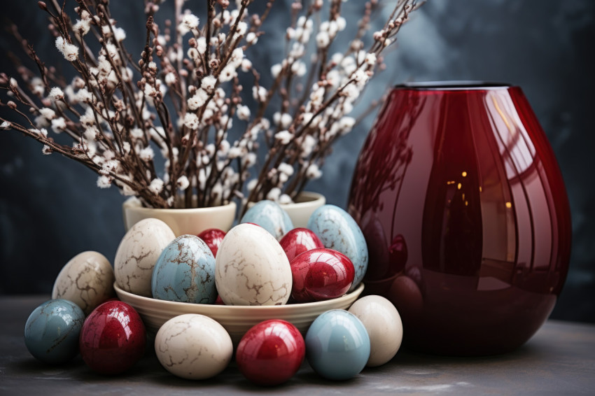 Colorful easter eggs arranged in a vase with vibrant grasses creating a festive and cheerful holiday display