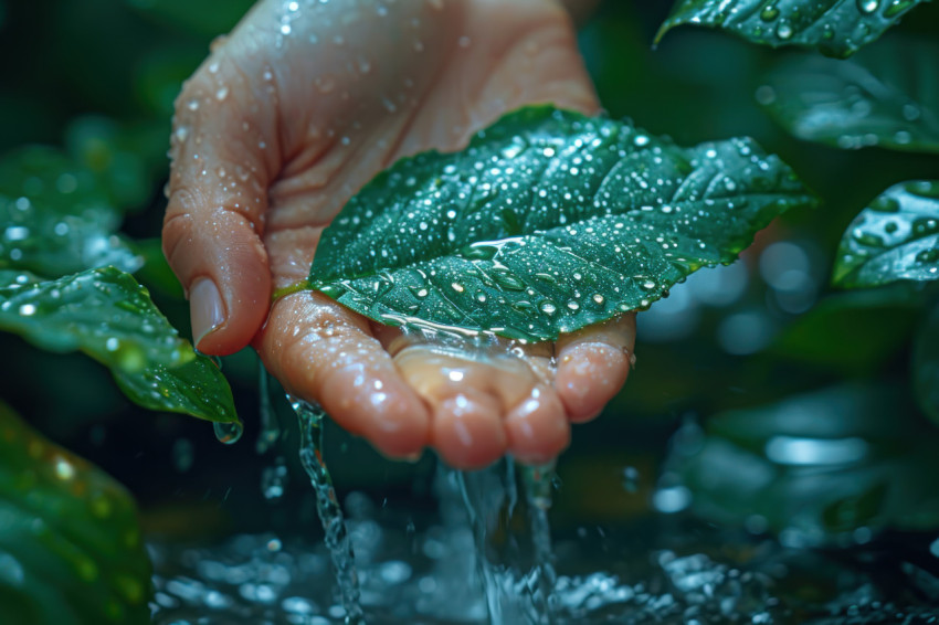 Hand pouring water on a garden with a lush green leaf