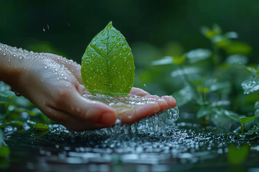 Water flows from a hand onto a garden with a green leaf nurturing nature and bringing life to the surroundings